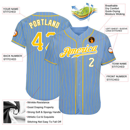 Custom Light Blue Gold Pinstripe Gold-White Authentic Baseball Jersey - Sky-Custom