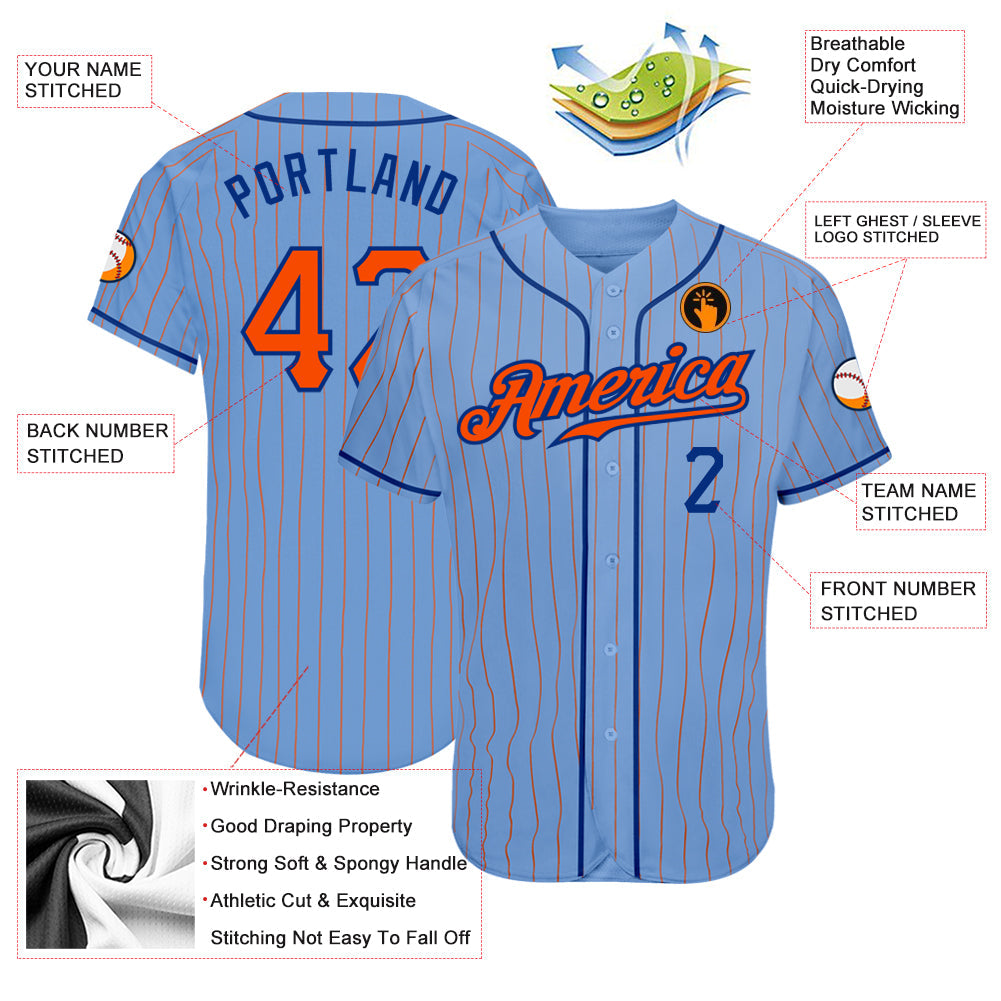 Custom Light Blue Orange Pinstripe Orange-Royal Authentic Baseball Jersey - Sky-Custom