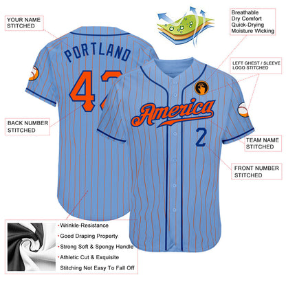 Custom Light Blue Orange Pinstripe Orange-Royal Authentic Baseball Jersey - Sky-Custom