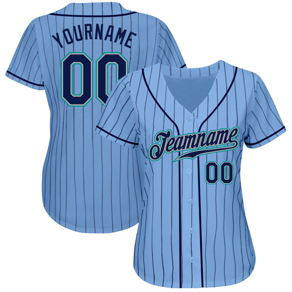 Custom Light Blue Navy Pinstripe Navy-Teal Authentic Baseball Jersey - Sky-Custom
