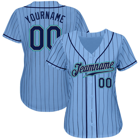 Custom Light Blue Navy Pinstripe Navy-Teal Authentic Baseball Jersey - Sky-Custom