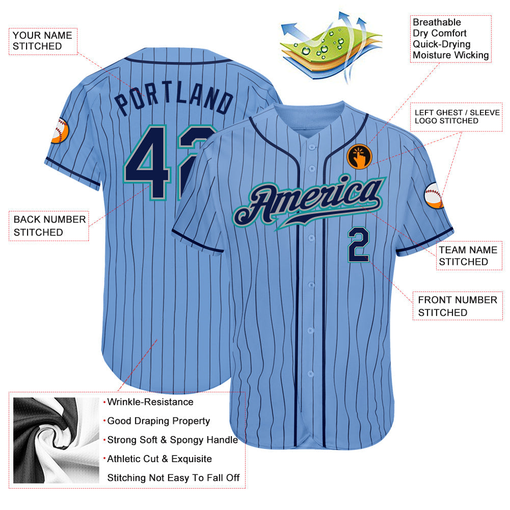 Custom Light Blue Navy Pinstripe Navy-Teal Authentic Baseball Jersey - Sky-Custom