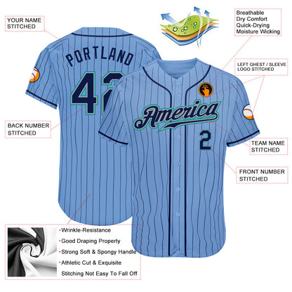 Custom Light Blue Navy Pinstripe Navy-Teal Authentic Baseball Jersey - Sky-Custom