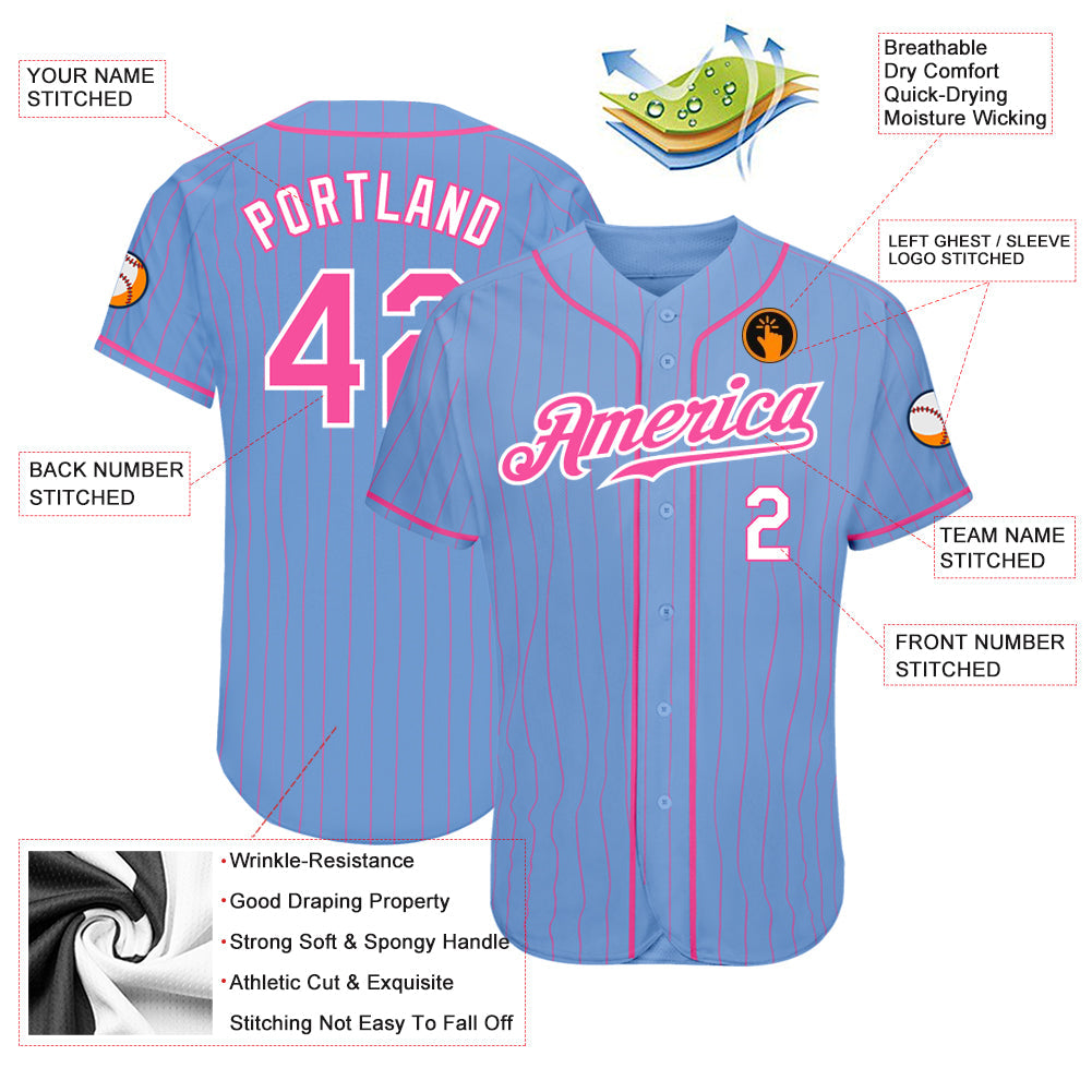 Custom Light Blue Pink Pinstripe Pink-White Authentic Baseball Jersey - Sky-Custom