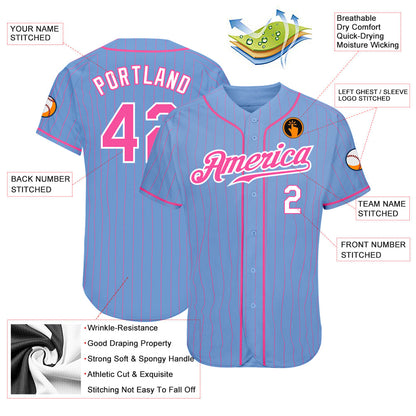 Custom Light Blue Pink Pinstripe Pink-White Authentic Baseball Jersey - Sky-Custom