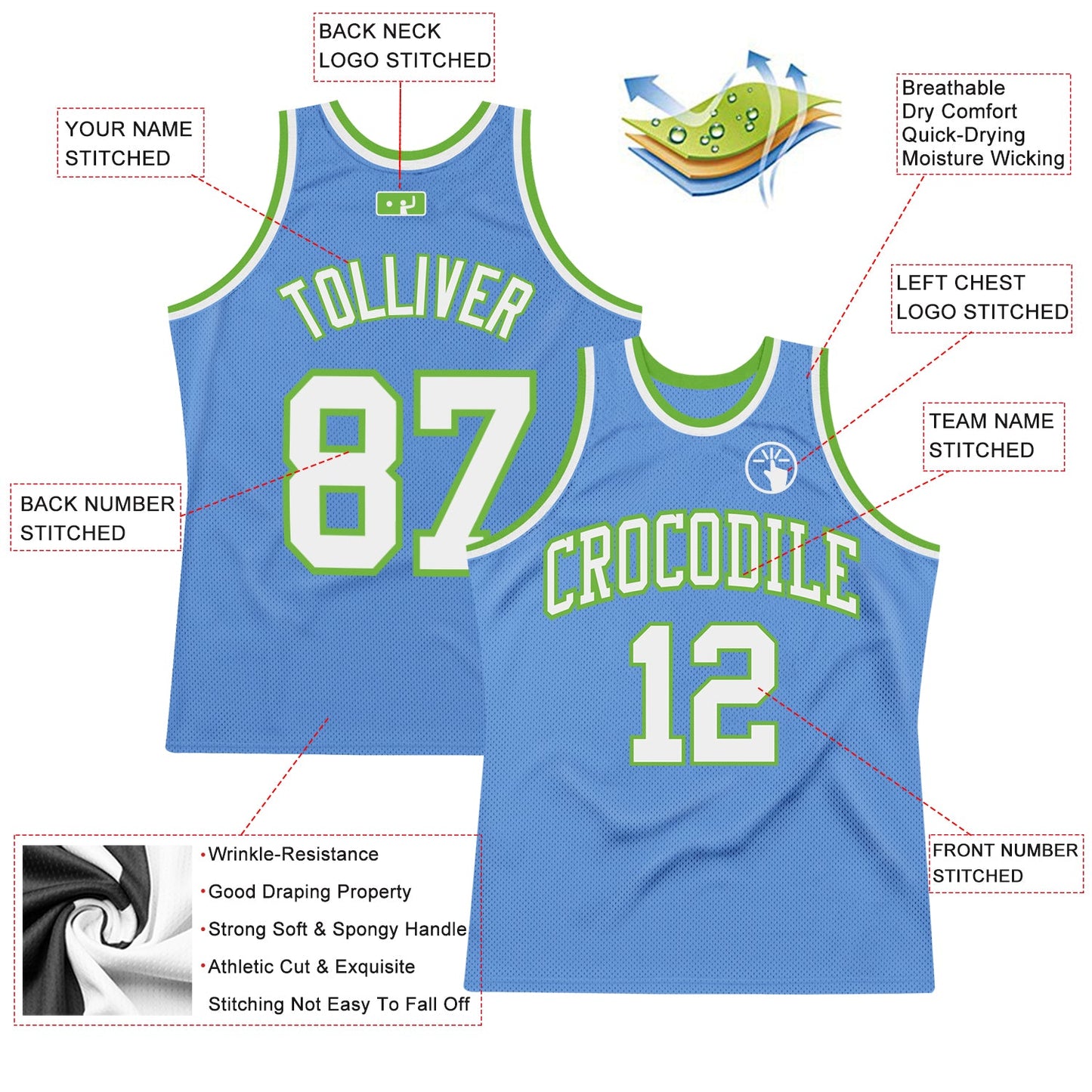 Custom Light Blue White-Neon Green Authentic Throwback Basketball Jersey - Sky-Custom