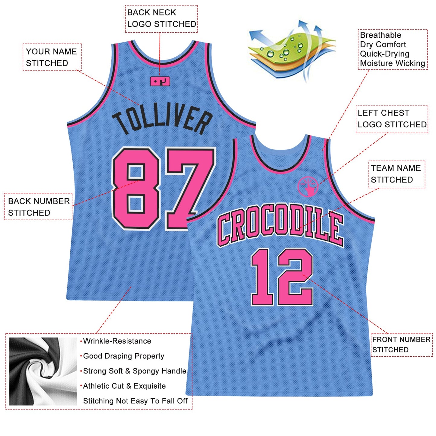 Custom Light Blue Pink-Black Authentic Throwback Basketball Jersey - Sky-Custom