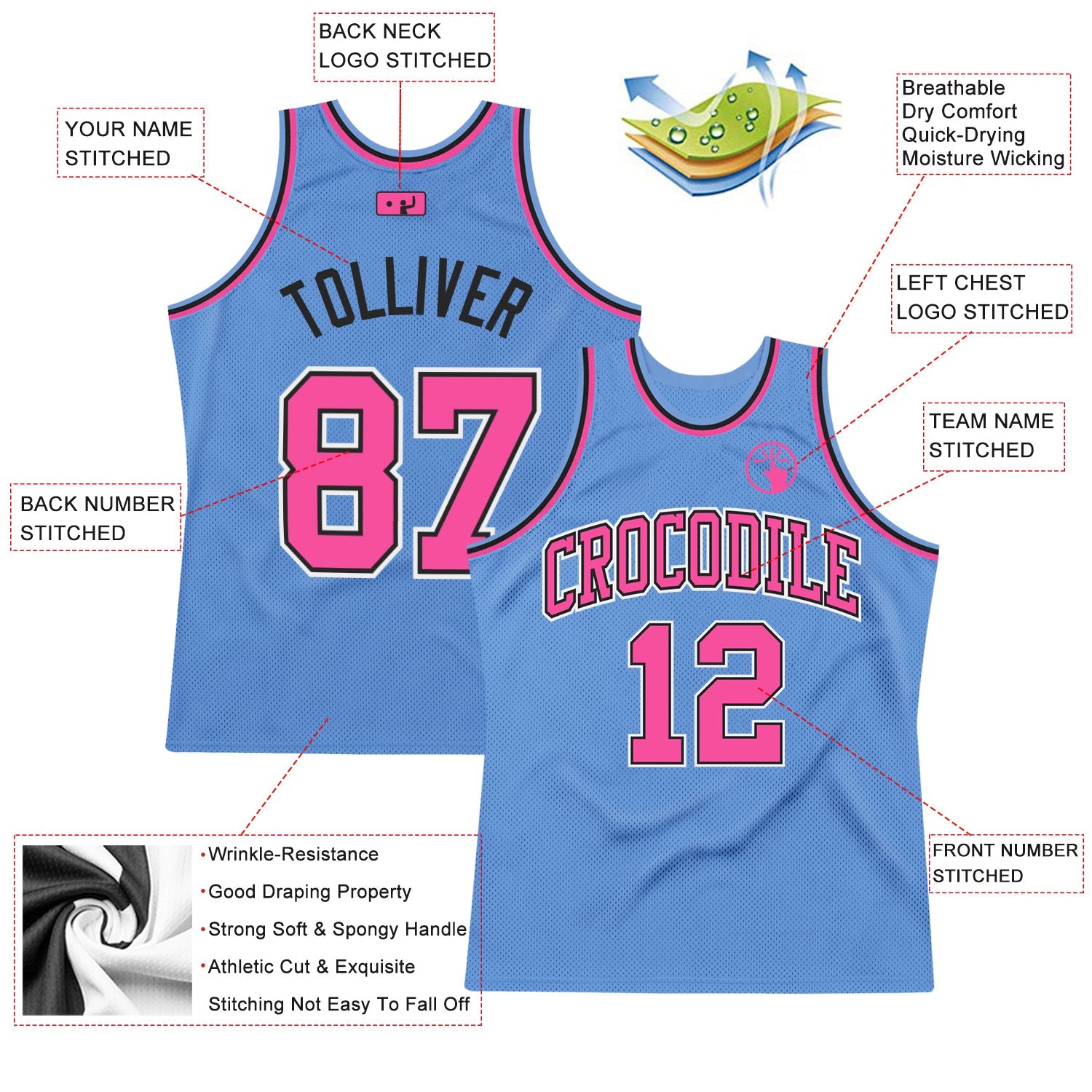 Custom Light Blue Pink-Black Authentic Throwback Basketball Jersey - Sky-Custom