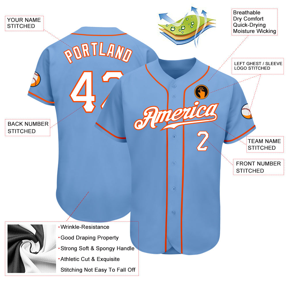 Custom Light Blue White-Orange Authentic Baseball Jersey - Sky-Custom