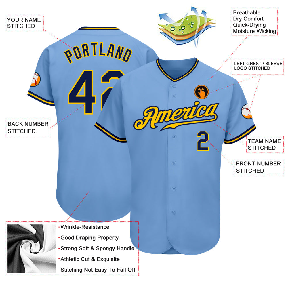 Custom Light Blue Navy-Gold Authentic Baseball Jersey - Sky-Custom