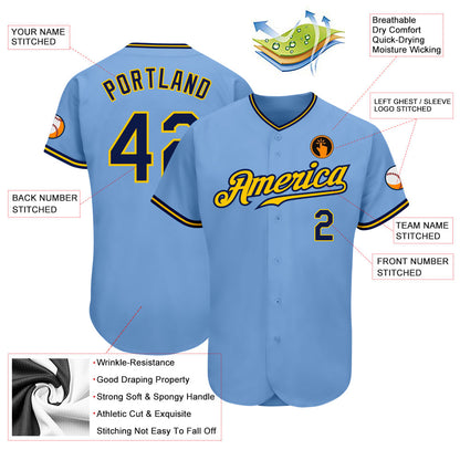 Custom Light Blue Navy-Gold Authentic Baseball Jersey - Sky-Custom