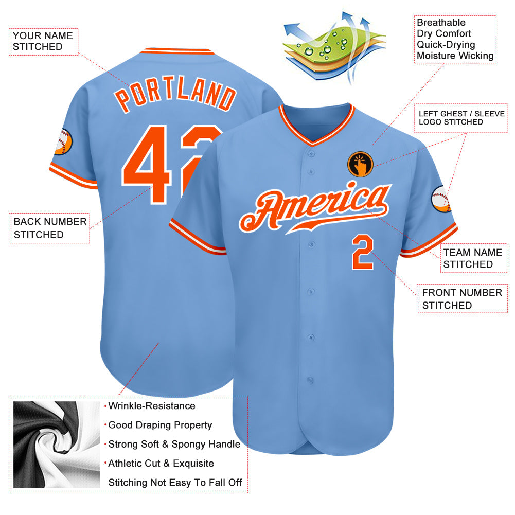 Custom Light Blue Orange-White Authentic Baseball Jersey - Sky-Custom