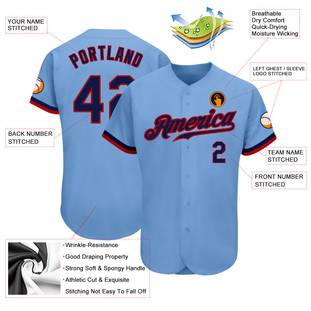 Custom Light Blue Navy-Red Authentic Baseball Jersey - Sky-Custom