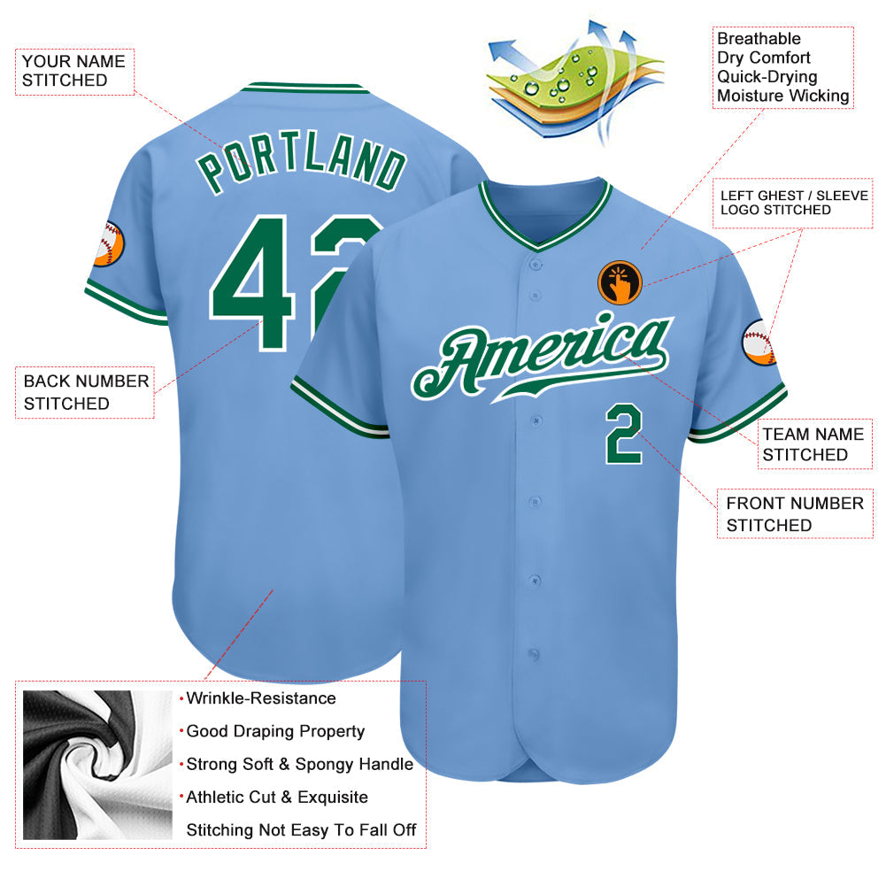 Custom Light Blue Kelly Green-White Authentic Baseball Jersey - Sky-Custom