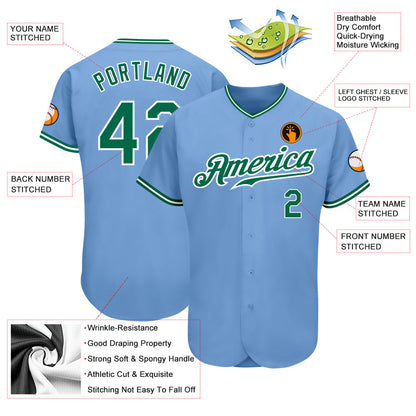Custom Light Blue Kelly Green-White Authentic Baseball Jersey - Sky-Custom