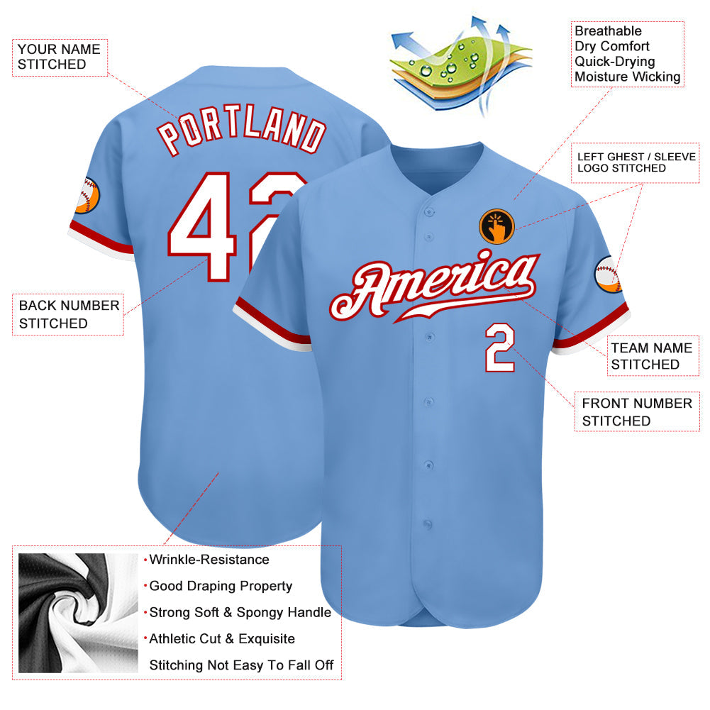 Custom Light Blue White-Red Authentic Baseball Jersey - Sky-Custom