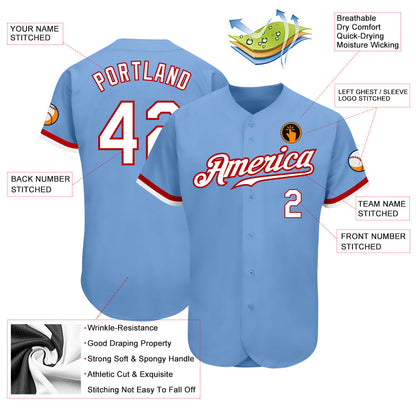 Custom Light Blue White-Red Authentic Baseball Jersey - Sky-Custom