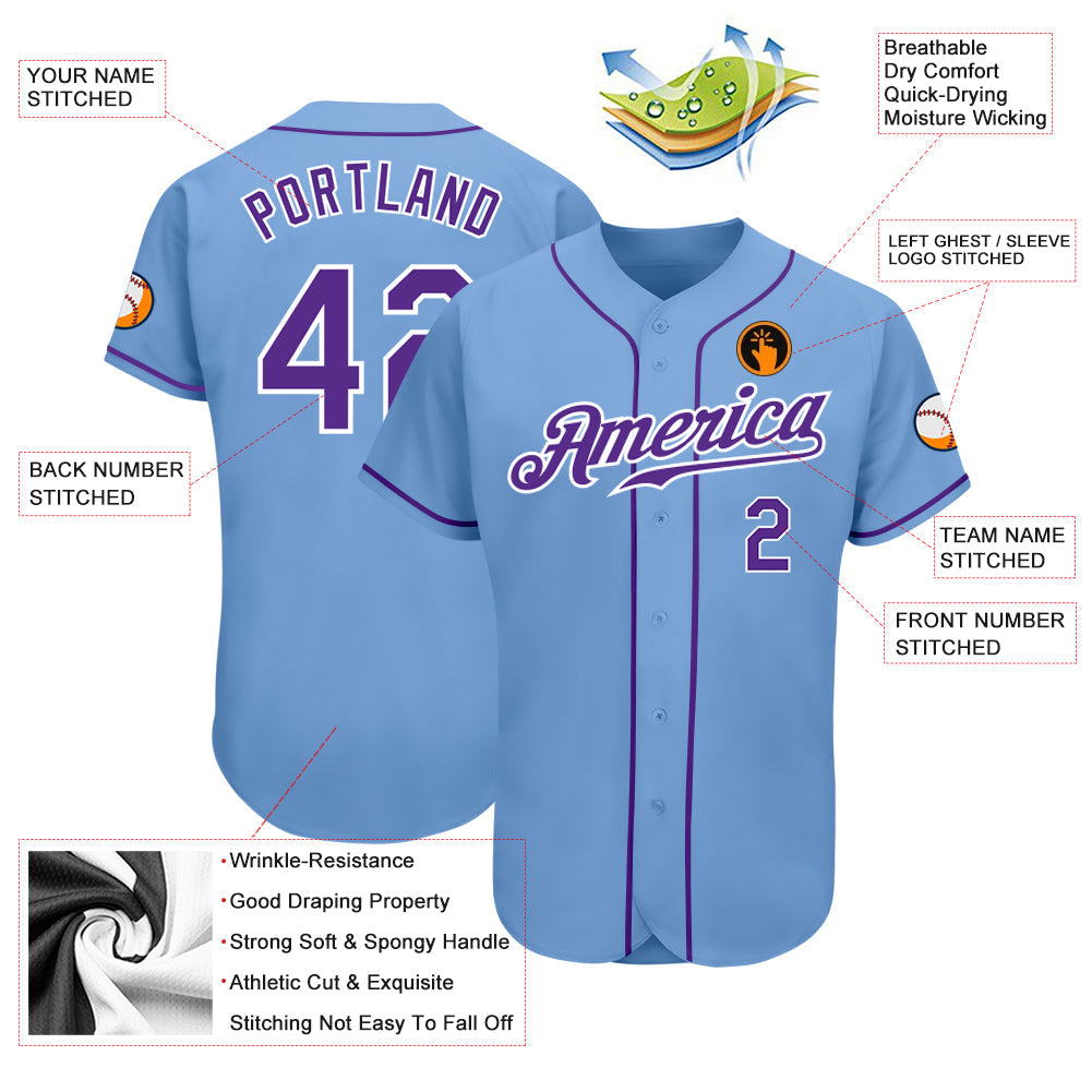 Custom Light Blue Purple-White Authentic Baseball Jersey - Sky-Custom