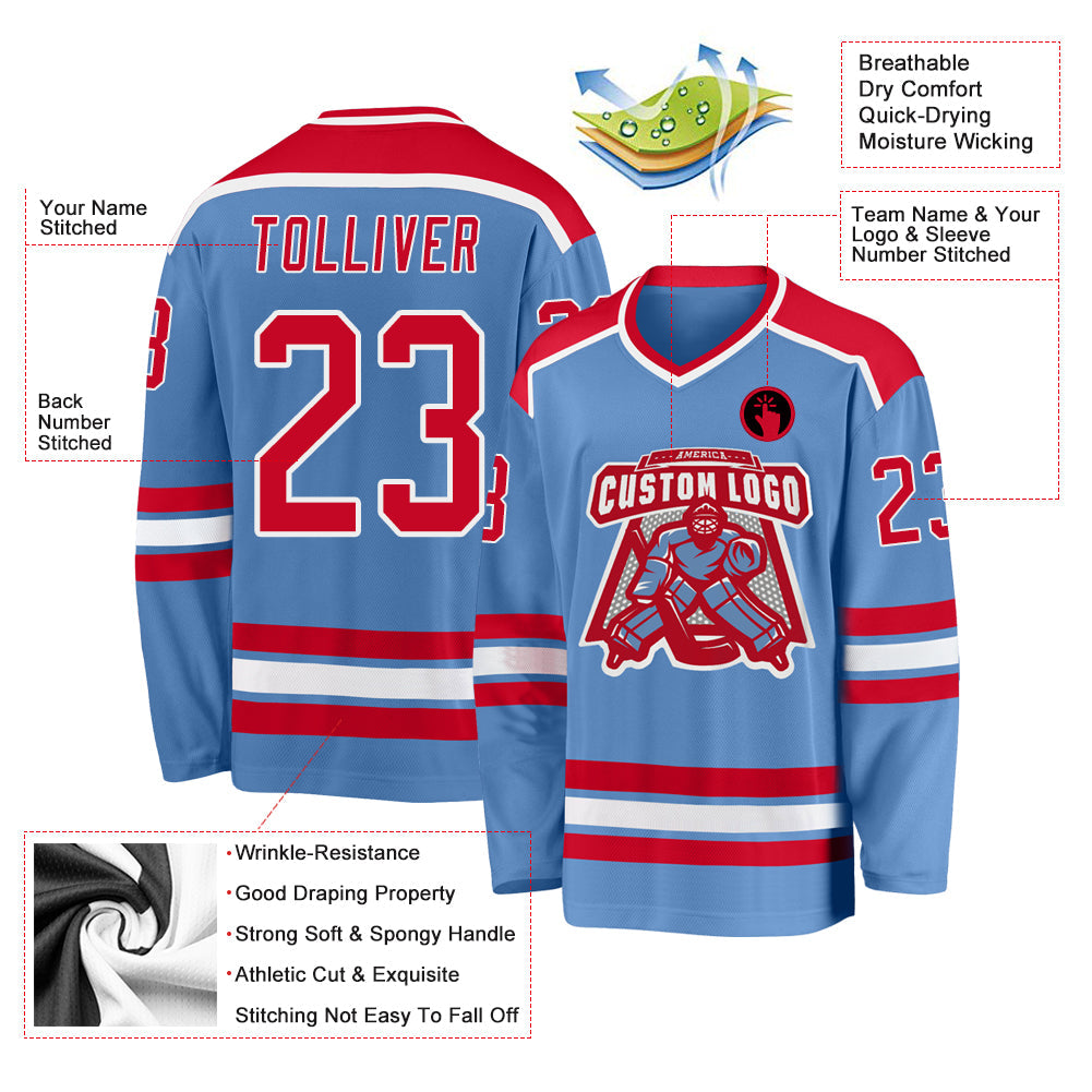 Custom Light Blue Red-White Hockey Jersey - Sky-Custom