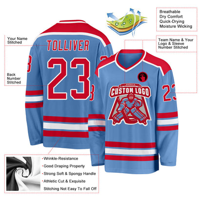Custom Light Blue Red-White Hockey Jersey - Sky-Custom