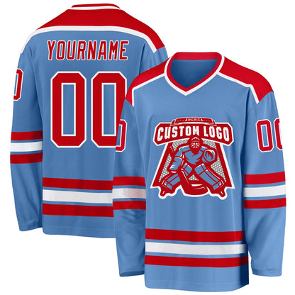 Custom Light Blue Red-White Hockey Jersey - Sky-Custom