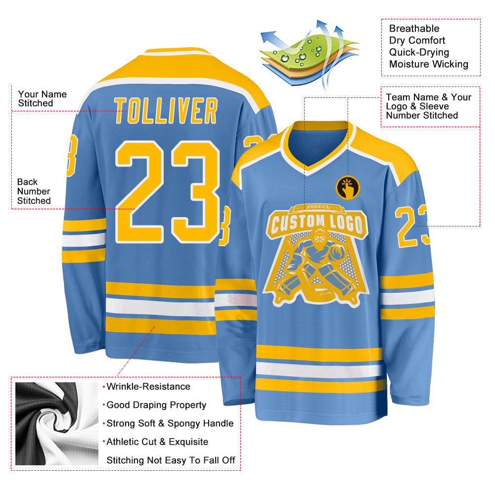 Custom Light Blue Gold-White Hockey Jersey - Sky-Custom