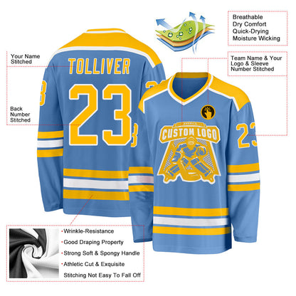 Custom Light Blue Gold-White Hockey Jersey - Sky-Custom