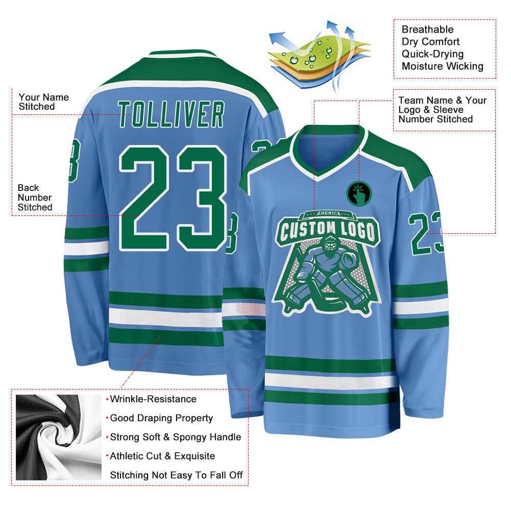 Custom Light Blue Kelly Green-White Hockey Jersey - Sky-Custom