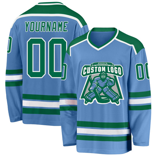 Custom Light Blue Kelly Green-White Hockey Jersey - Sky-Custom