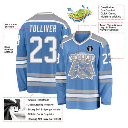 Custom Light Blue White-Gray Hockey Jersey - Sky-Custom