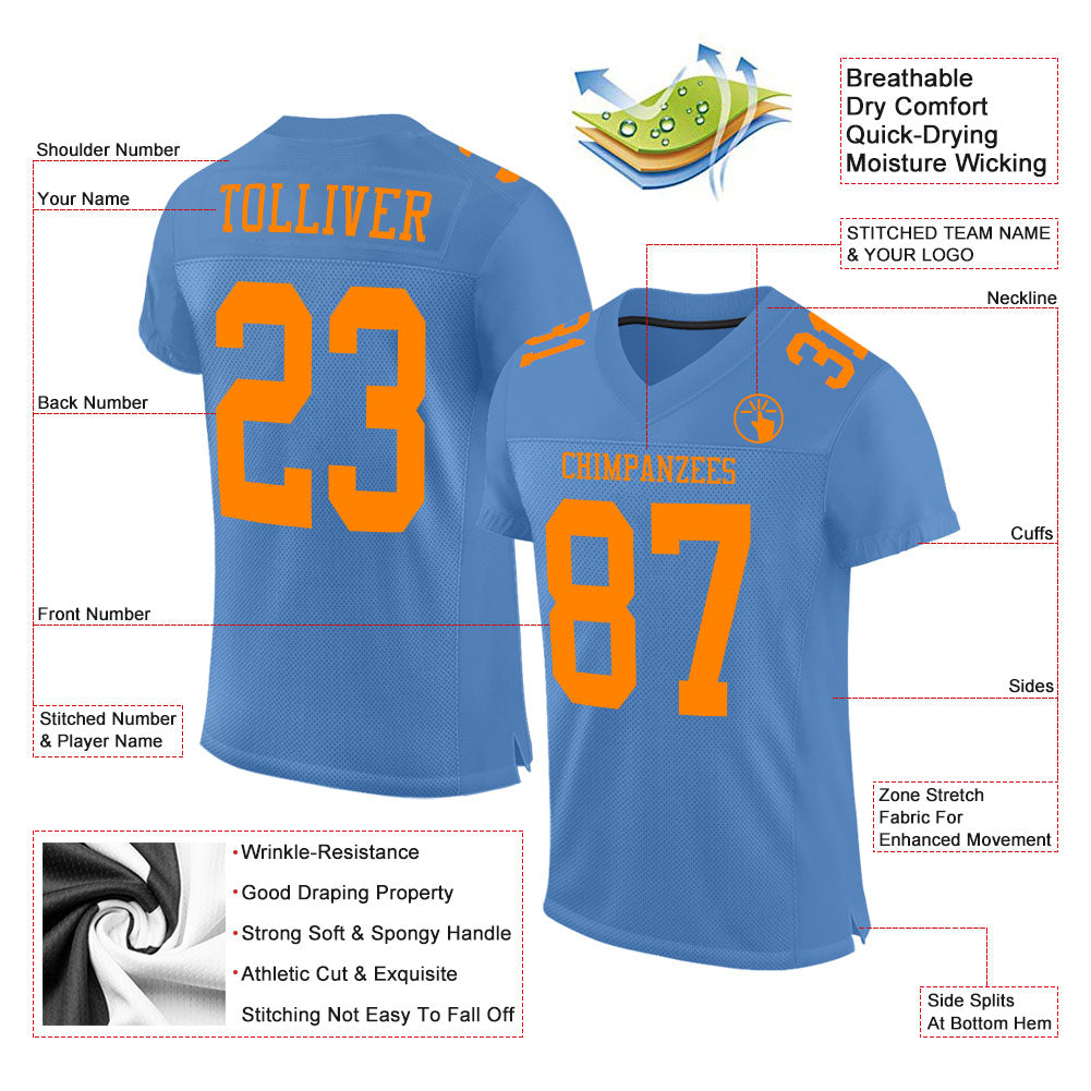 Custom Light Blue Bay Orange Mesh Authentic Football Jersey - Sky-Custom