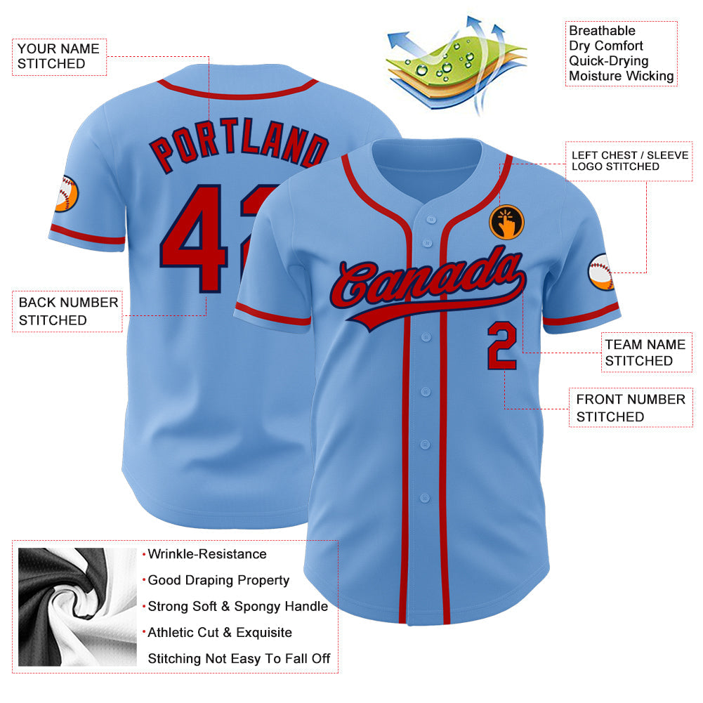 Custom Light Blue Red-Navy Authentic Baseball Jersey - Sky-Custom