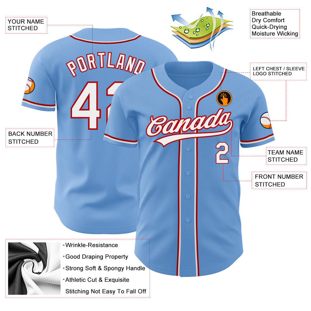 Custom Light Blue White-Red Authentic Baseball Jersey - Sky-Custom