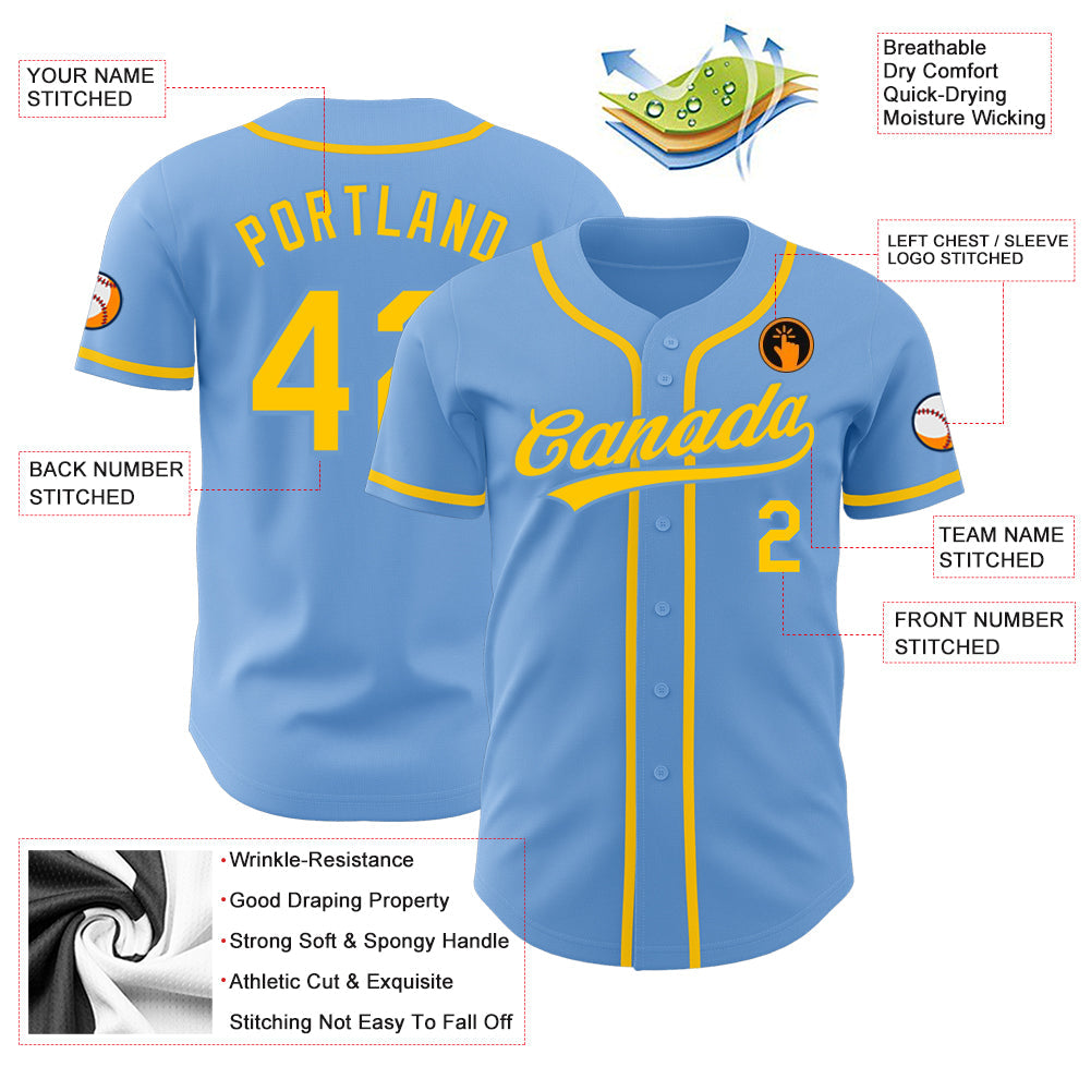 Custom Light Blue Gold Authentic Baseball Jersey - Sky-Custom