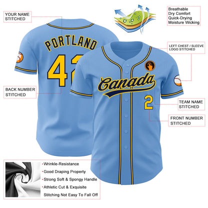 Custom Light Blue Gold-Navy Authentic Baseball Jersey - Sky-Custom