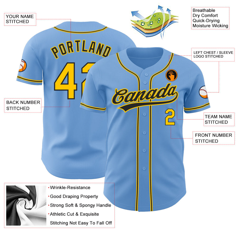 Custom Light Blue Black-Gold Authentic Baseball Jersey - Sky-Custom