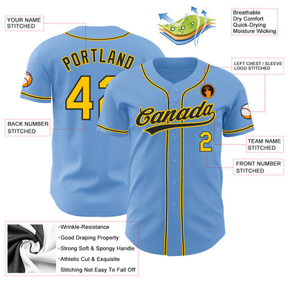 Custom Light Blue Black-Gold Authentic Baseball Jersey - Sky-Custom