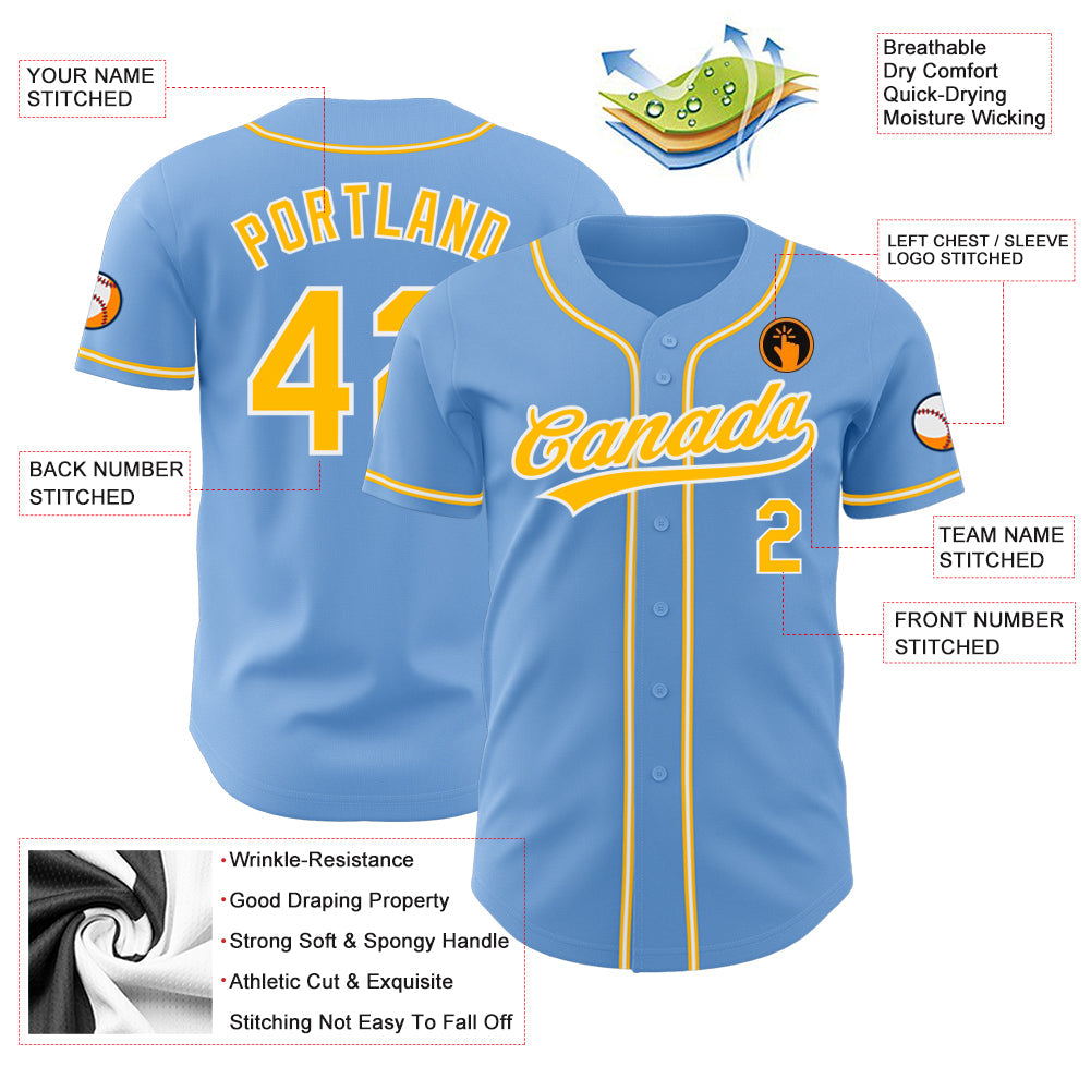 Custom Light Blue Gold-White Authentic Baseball Jersey - Sky-Custom