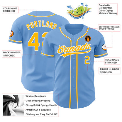 Custom Light Blue Gold-White Authentic Baseball Jersey - Sky-Custom