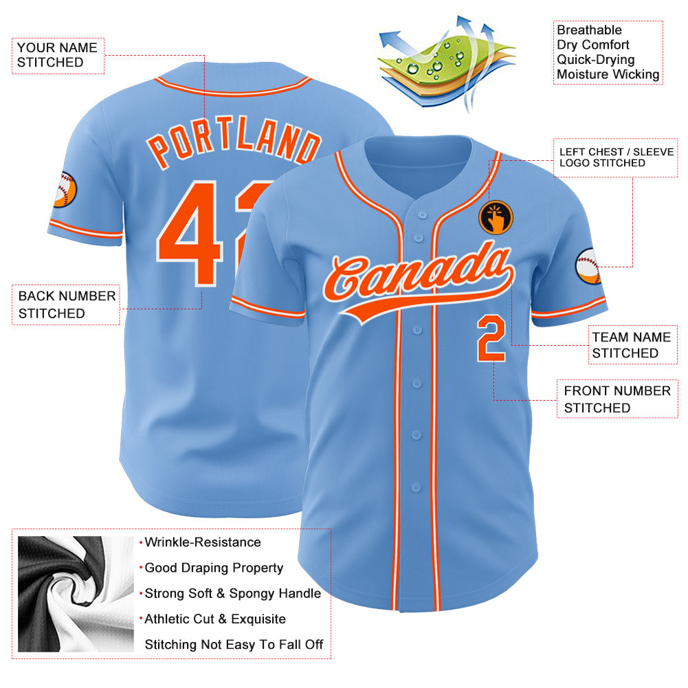 Custom Light Blue Orange-White Authentic Baseball Jersey - Sky-Custom