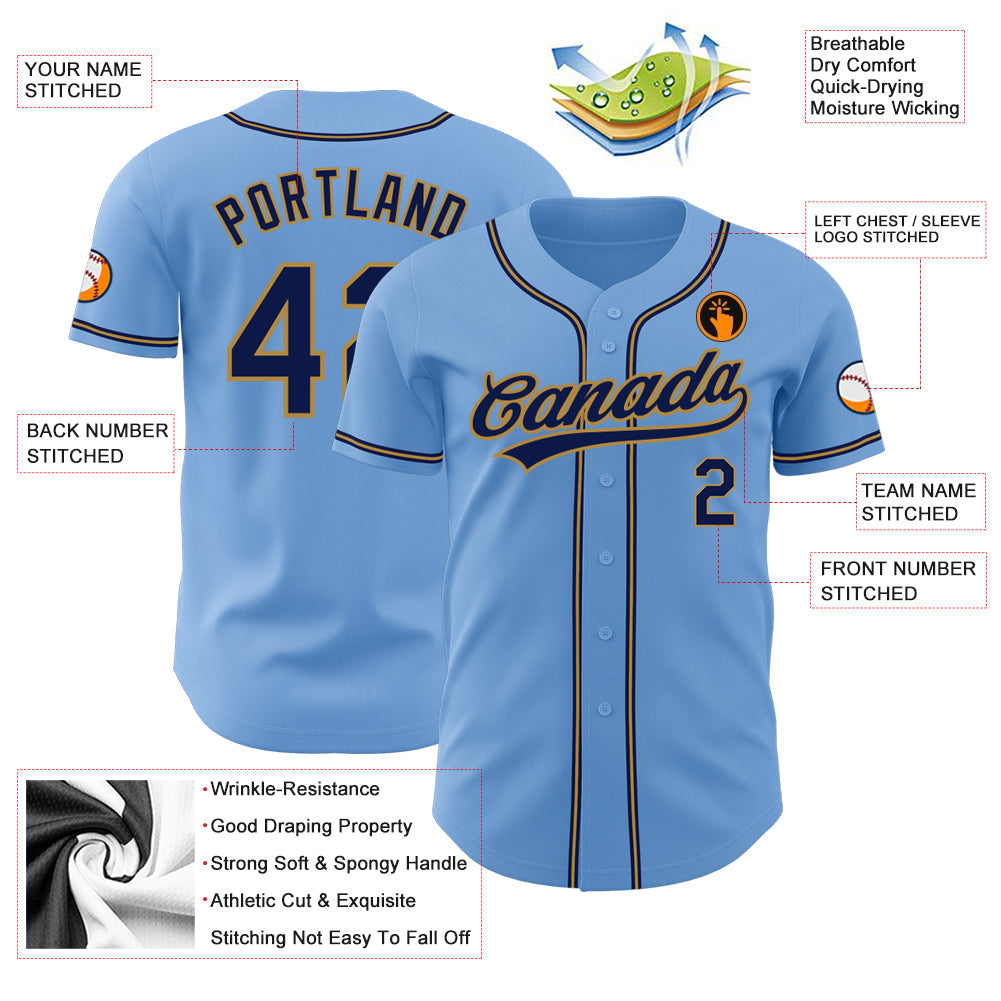 Custom Light Blue Navy-Old Gold Authentic Baseball Jersey - Sky-Custom