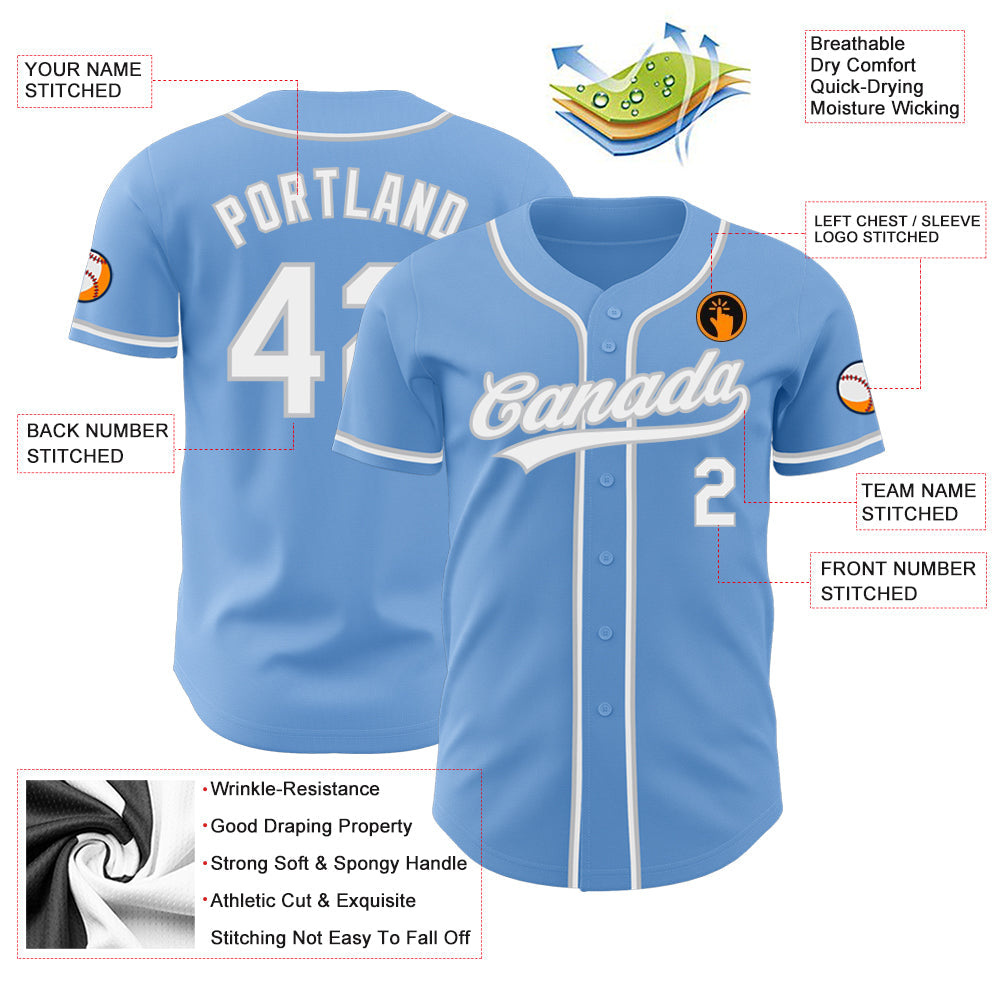 Custom Light Blue White-Gray Authentic Baseball Jersey - Sky-Custom