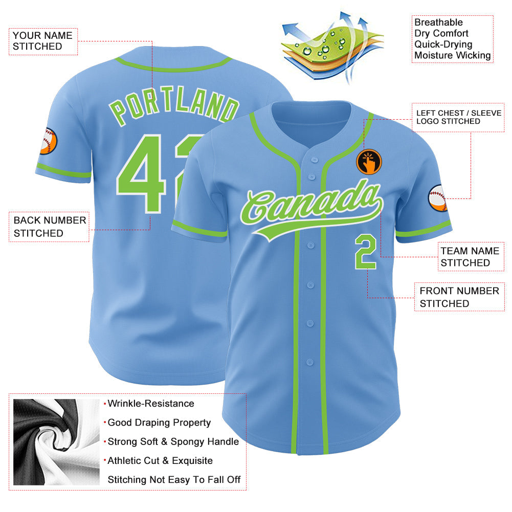 Custom Light Blue Neon Green-White Authentic Baseball Jersey - Sky-Custom
