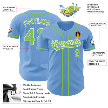 Custom Light Blue Neon Green-White Authentic Baseball Jersey - Sky-Custom