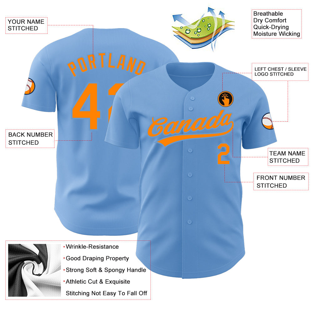 Custom Light Blue Bay Orange Authentic Baseball Jersey - Sky-Custom