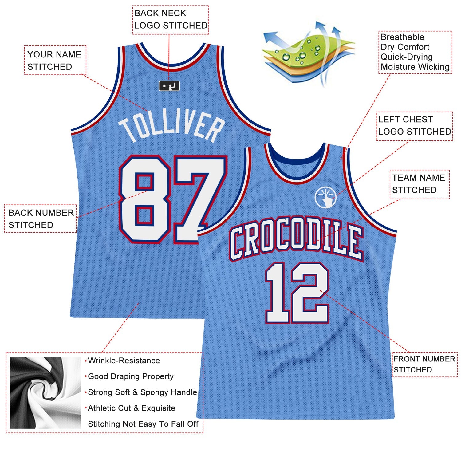 Custom Light Blue White Royal-Red Authentic Throwback Basketball Jersey - Sky-Custom