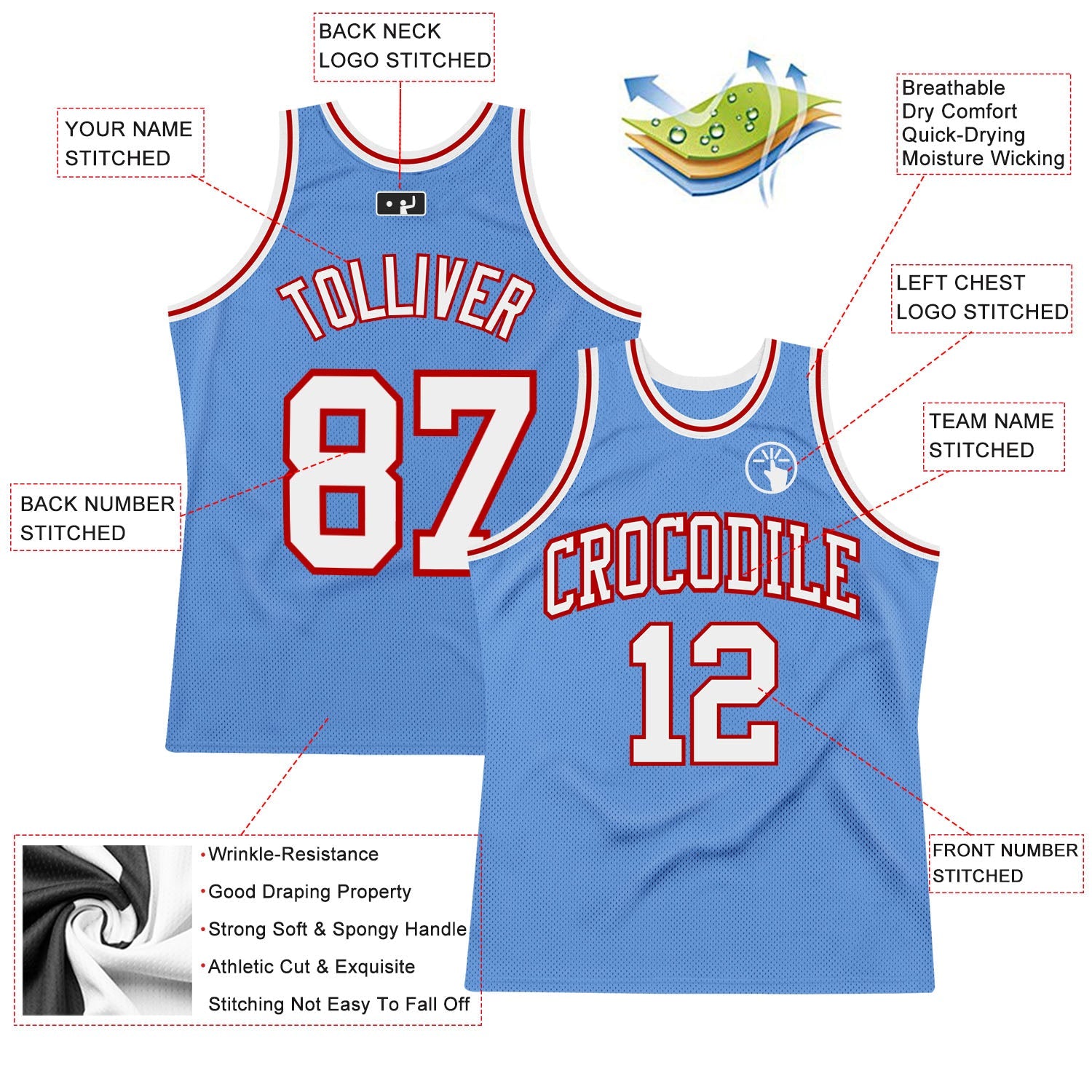 Custom Light Blue White-Red Authentic Throwback Basketball Jersey - Sky-Custom