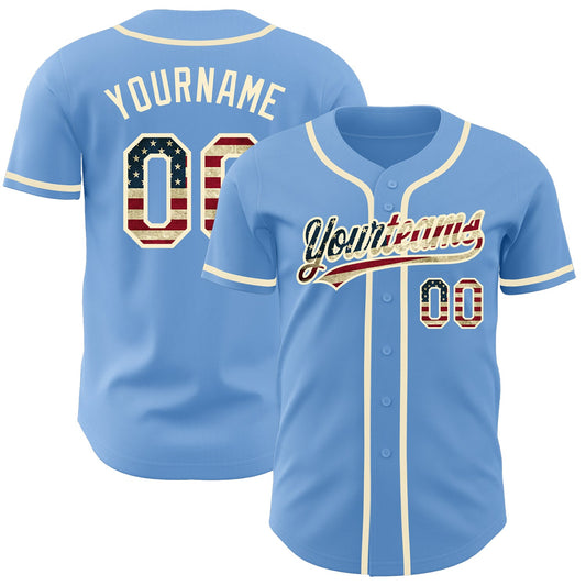 Custom Light Blue Vintage USA Flag-Cream Authentic Baseball Jersey - Sky-Custom