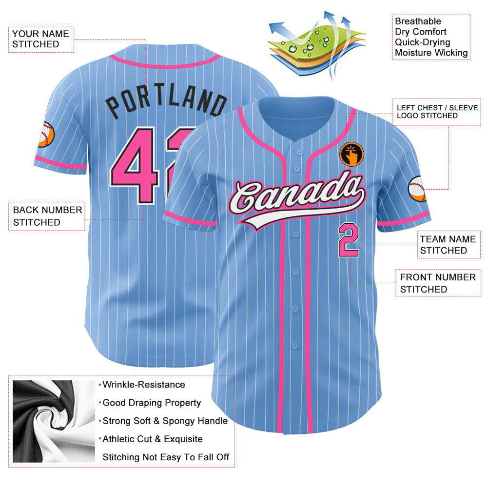 Custom Light Blue White Pinstripe Pink-Black Authentic Baseball Jersey - Sky-Custom