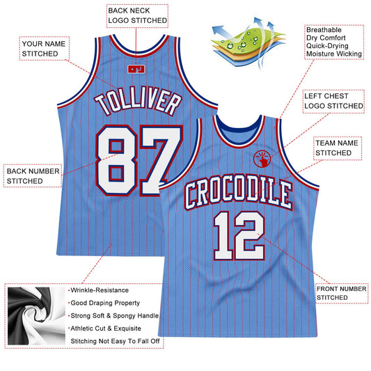 Custom Light Blue Red Pinstripe White-Royal Authentic Basketball Jersey - Sky-Custom